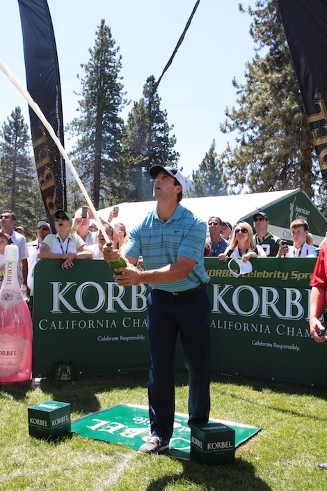 Aaron Rodgers takes part in the 2013 Korbel Celebrity Spray-Off. Photo by TahoeCelebrityGolf.com.