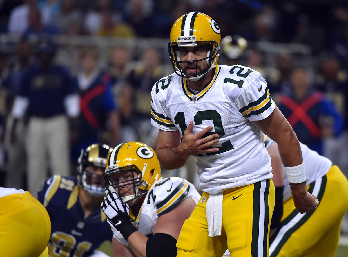 Green Bay Packers quarterback Aaron Rodgers by Jasen Vinlove—USA Today Sports.