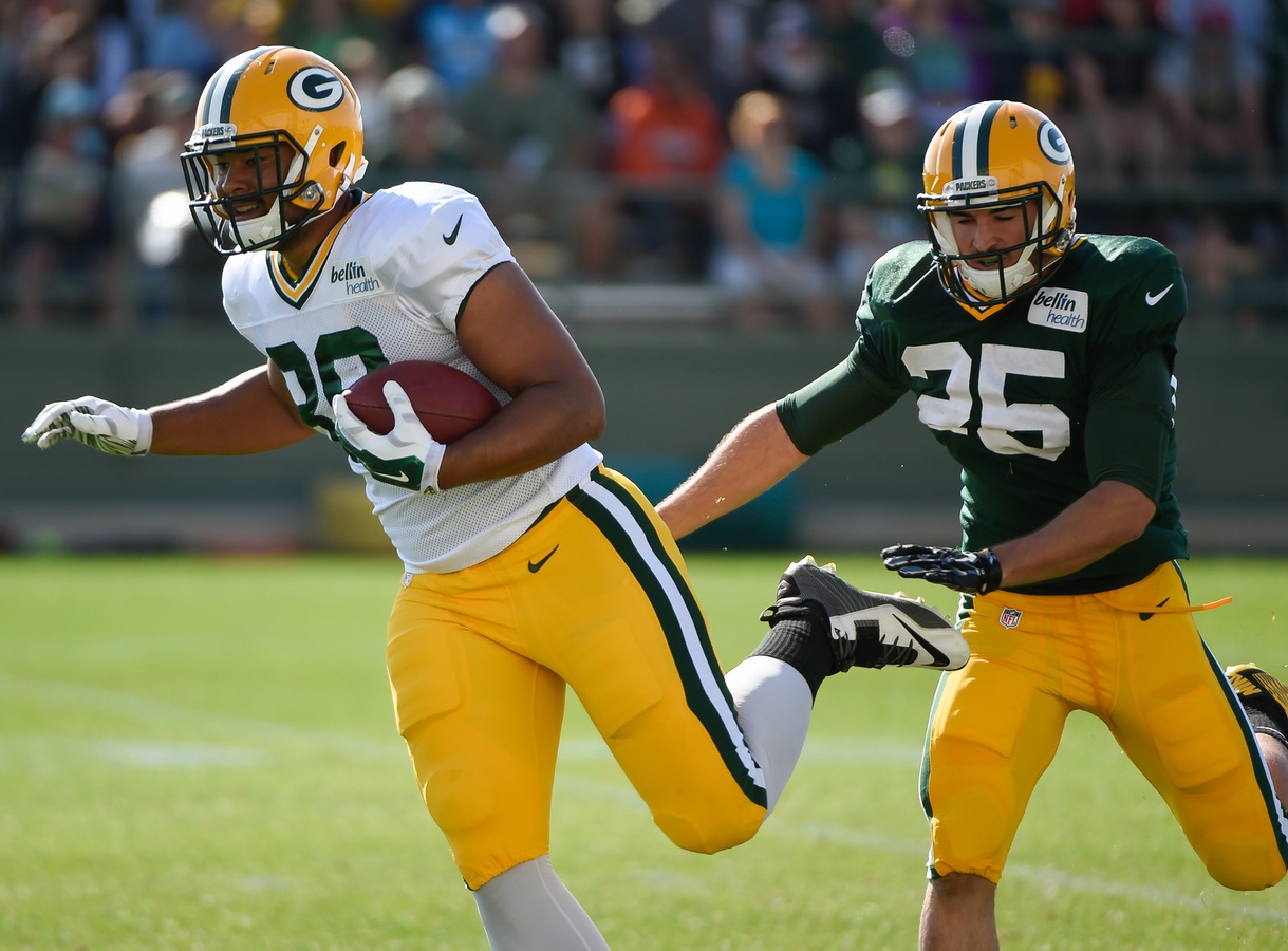 Green Bay Packers Richard Rodgers and Charles Clay by Benny Sieu—USA TODAY Sports.
